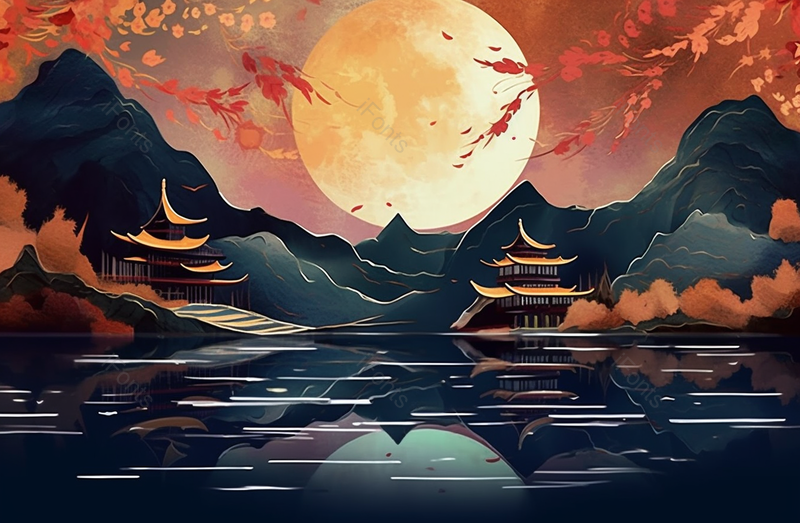 中秋节中国风山水凉亭月亮下平静的湖泊插画,插画/手绘图,插画/手绘图库,插画/手绘图下载,插画/手绘